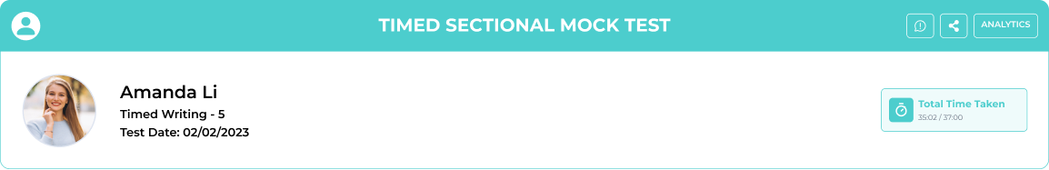 PTE Academic timed sectional mock test dashboard showing writing score, test date, and total time taken