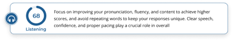 PTE listening score analysis with AI feedback for pronunciation, fluency, and content improvement