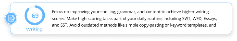 PTE writing performance report showing grammar, spelling, and essay improvement suggestions