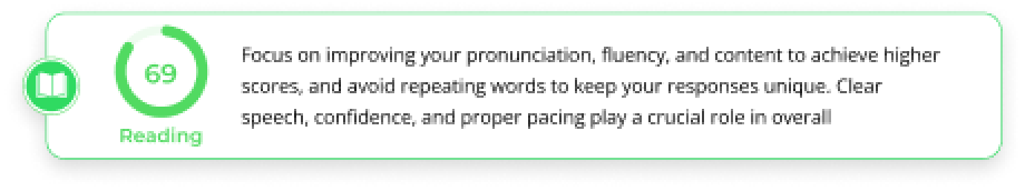 PTE reading score report with AI-generated feedback for comprehension and response quality