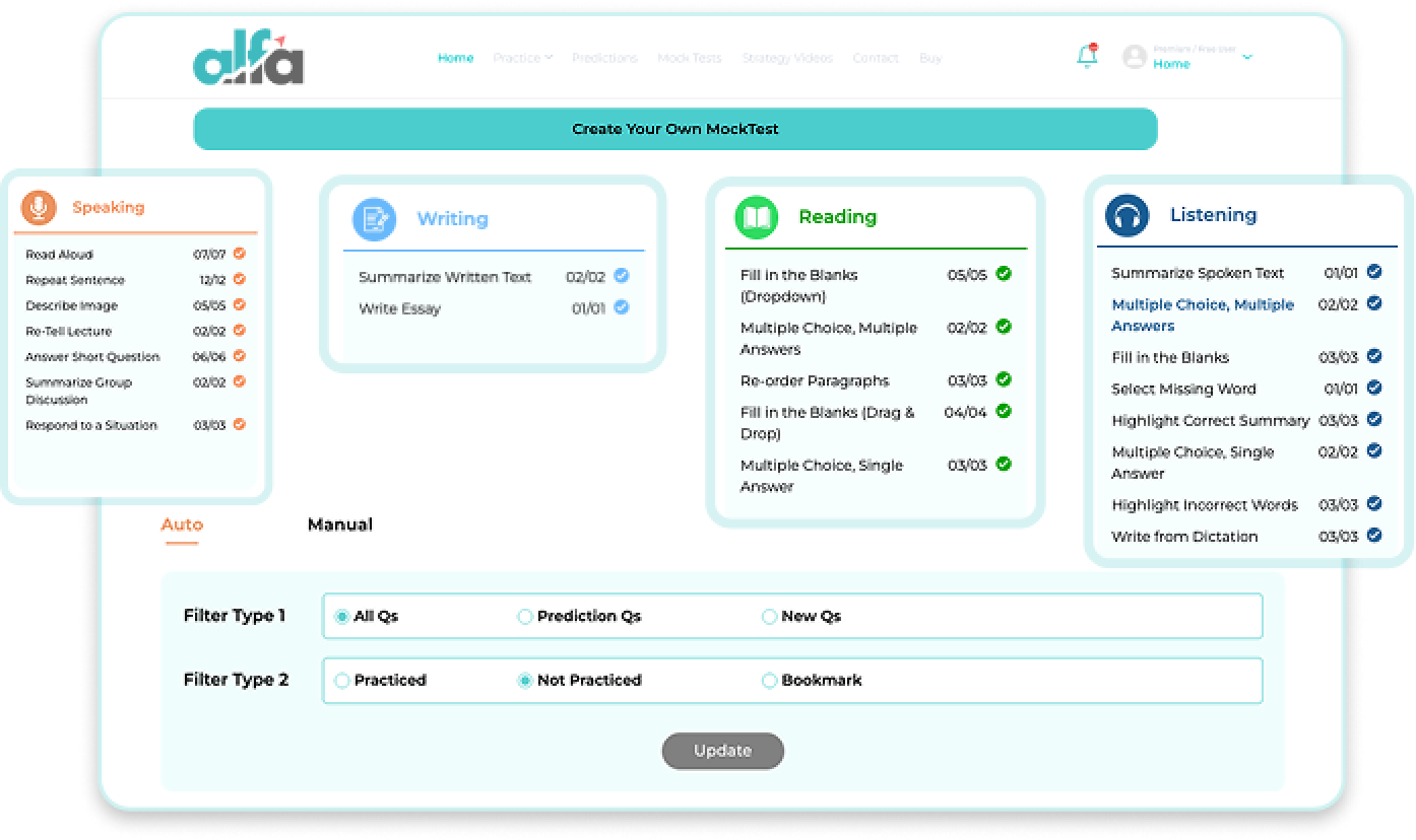 PTE Academic mock test creation dashboard with speaking, writing, reading, and listening question selection options