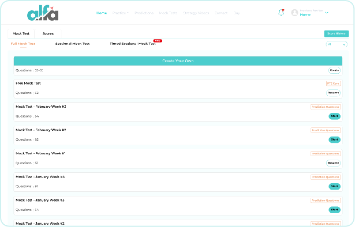 PTE Academic mock test dashboard displaying full mock tests, sectional tests, timed sectional tests, and score history