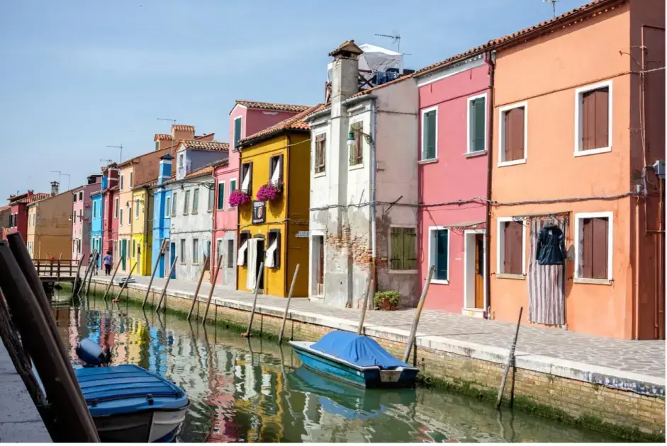 Photograph of colorful residential houses along a canal, showing reflections, boats, and urban scenery, used for Describe Image PTE sample question