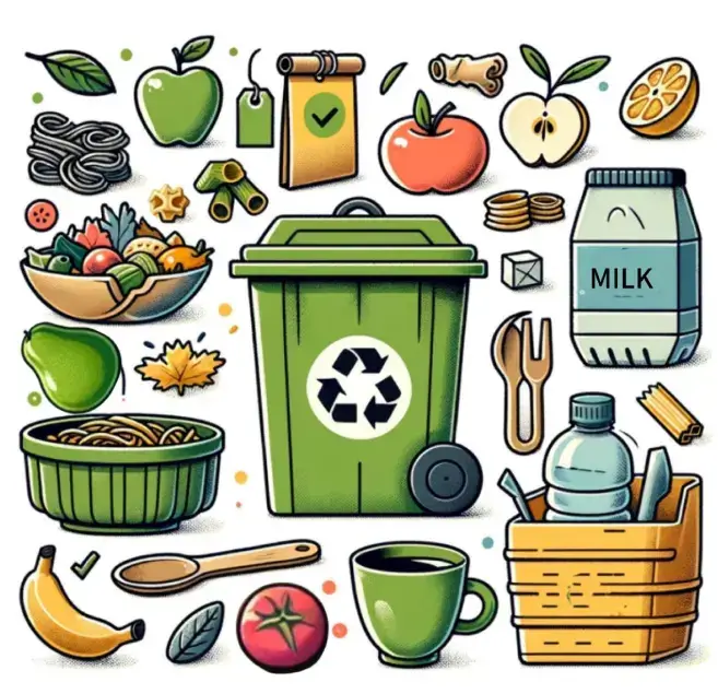 Illustrated diagram showing recycling, food waste, and sustainable living items such as reusable containers and organic products for PTE Describe Image practice.